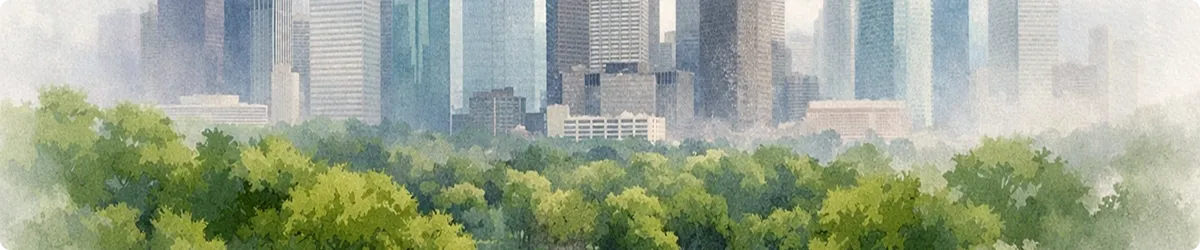 Watercolor-style image showing a city skyline rising above a dense green park with trees in the foreground.